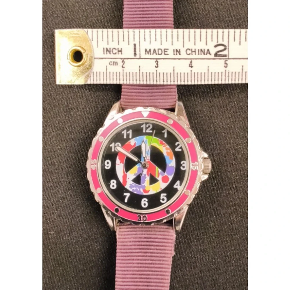 Accutime Silver/Pink Round Peace Sign Black Face Purple Unisex Watch Band #W5175